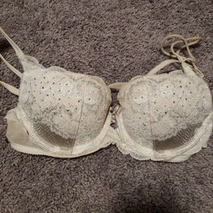 Cream Lace & Rhinestone Balconette Bra